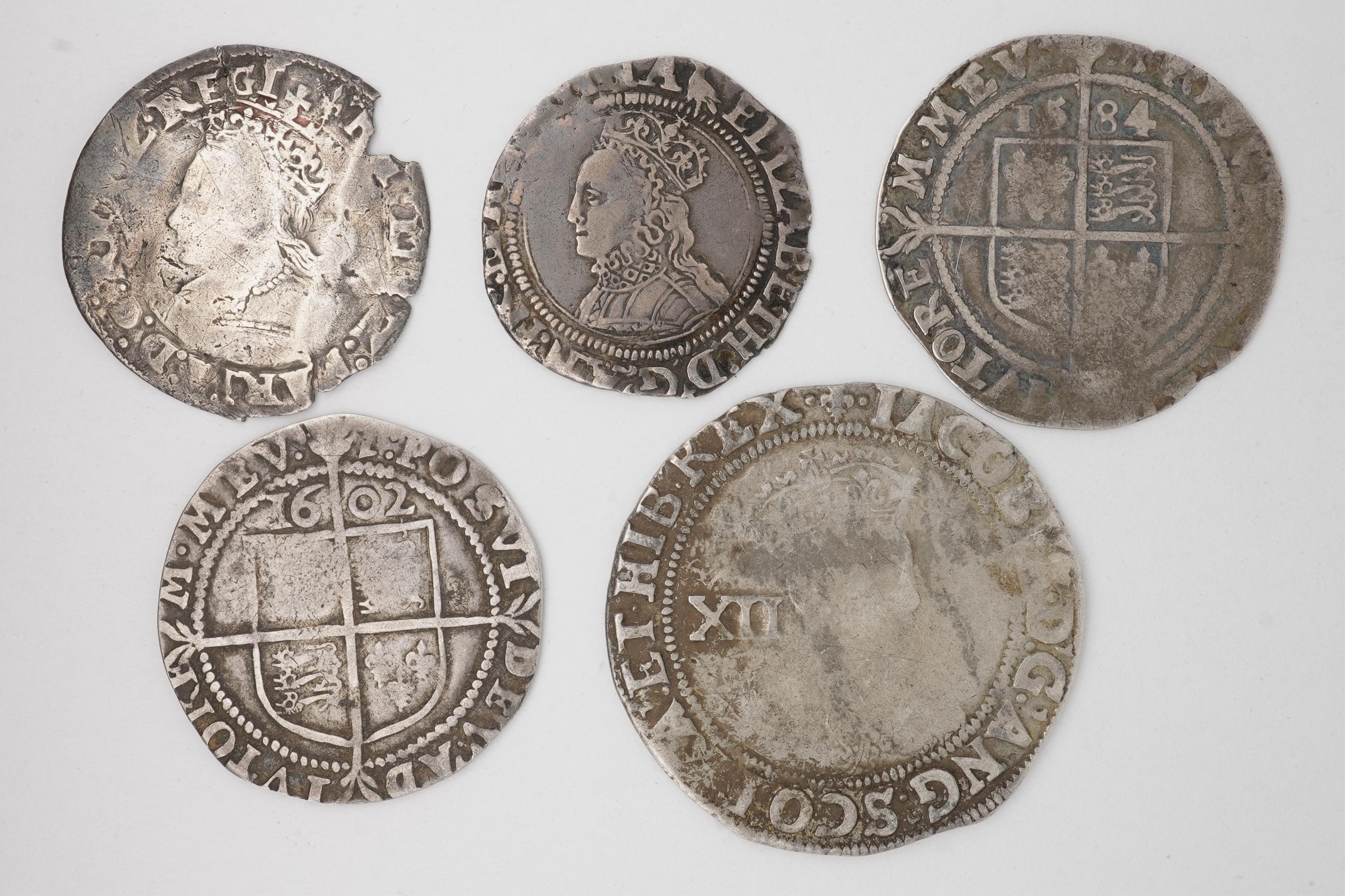 Five British hammered silver coins, House of Tudor and Stuart, Elizabeth I, first issue, groat, second issue, groat, sixth issue, sixpence, 1584, seventh issue, sixpence, 1602, James I, first coinage, shilling, mm. Lys,